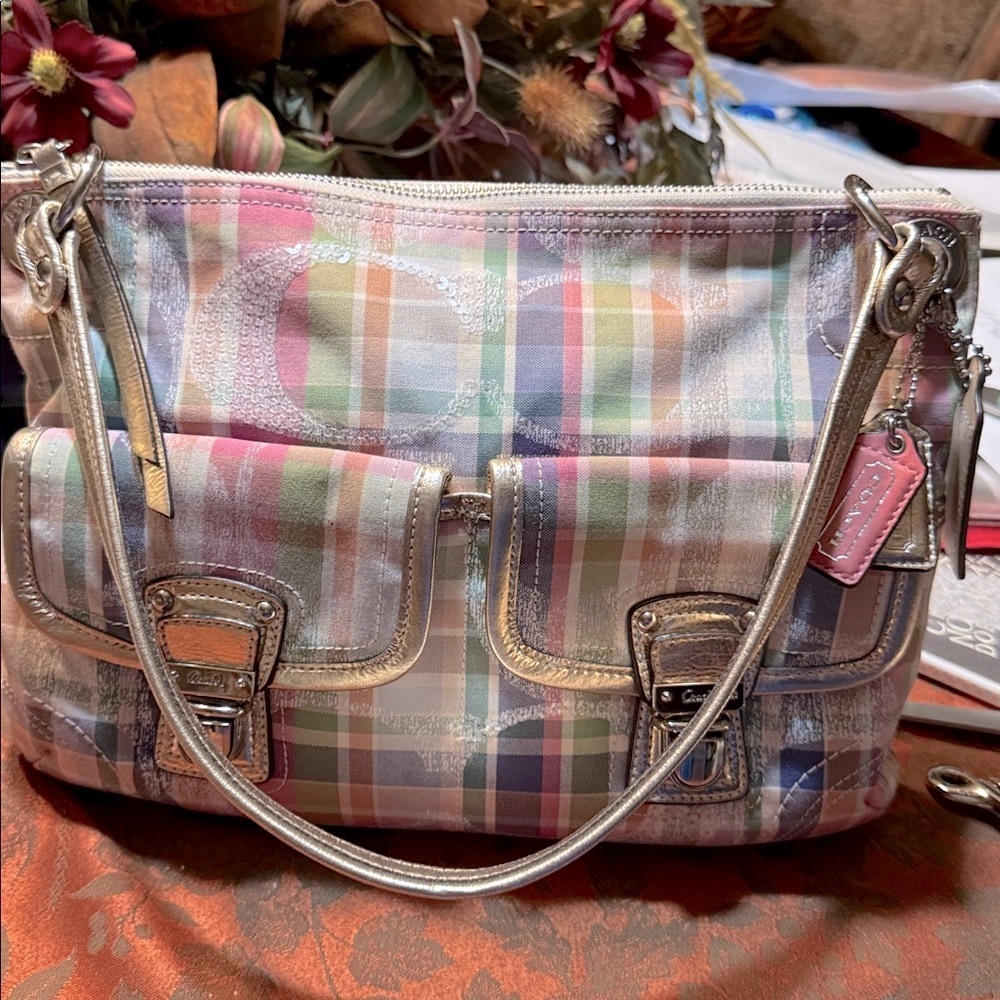 Coach Plaid Pastel Shoulder Bag with Metallic Silver Straps